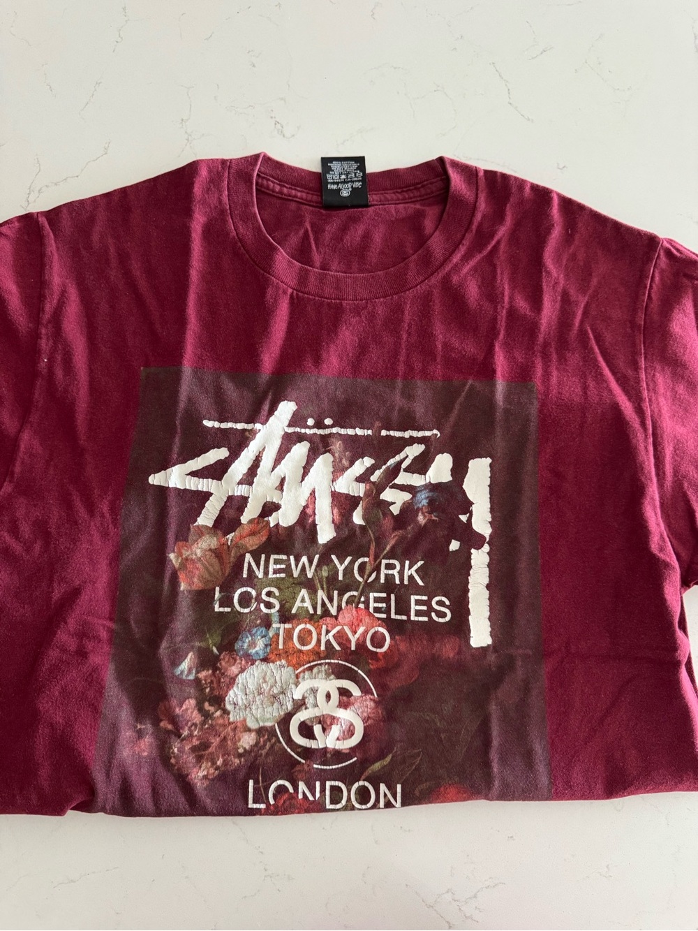 Stussy Burgundy Graphic Tee with Floral City Print